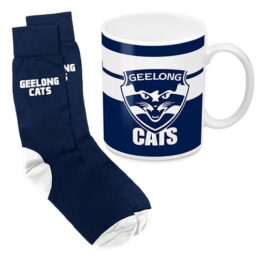 Geelong Cats AFL Ceramic Coffee Mug Cup 330ml & Jacquard Knit Socks to fit Adult