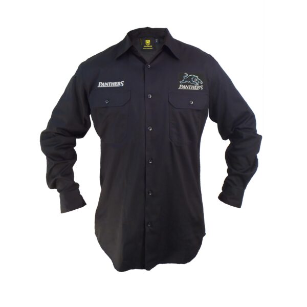 Penrith Panthers NRL LONG Sleeve Button Work Shirt: BLACK