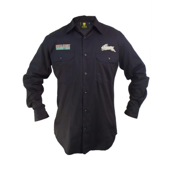 South Sydney Rabbitohs NRL LONG Sleeve Button Work Shirt: BLACK