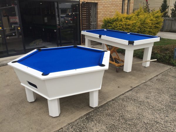 blue white pool tables on trolly hexagon scaled