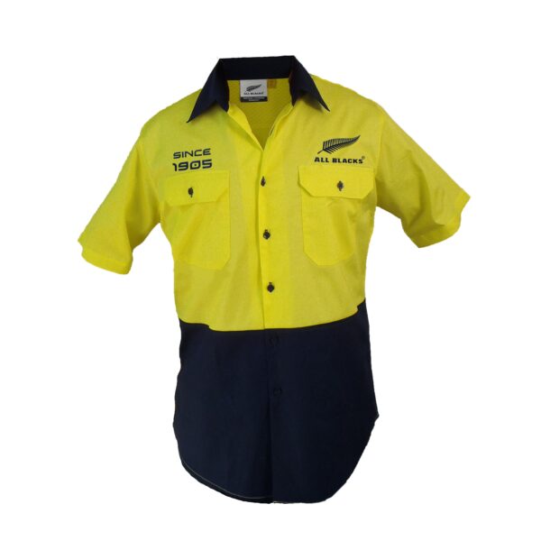 All Blacks  NRL Short Sleeve Button Work Shirt: HI VIS YELLOW/NAVY