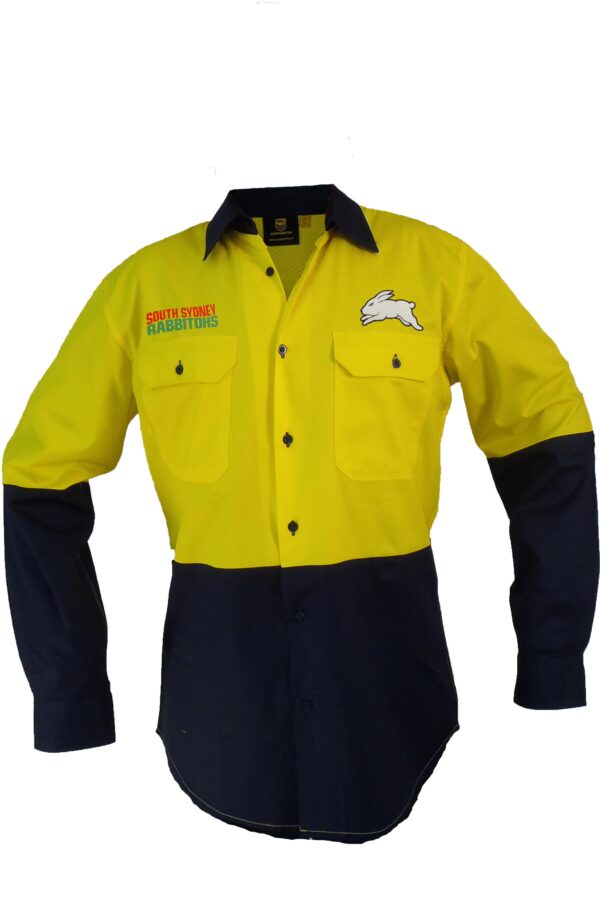 South Sydney Rabbitohs NRL LONG Sleeve Button Work Shirt: HI VIS YELLOW/NAVY