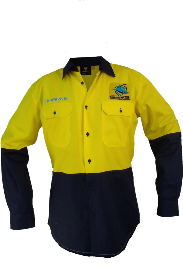 Cronulla Sharks NRL LONG Sleeve Button Work Shirt: HI VIS YELLOW/NAVY