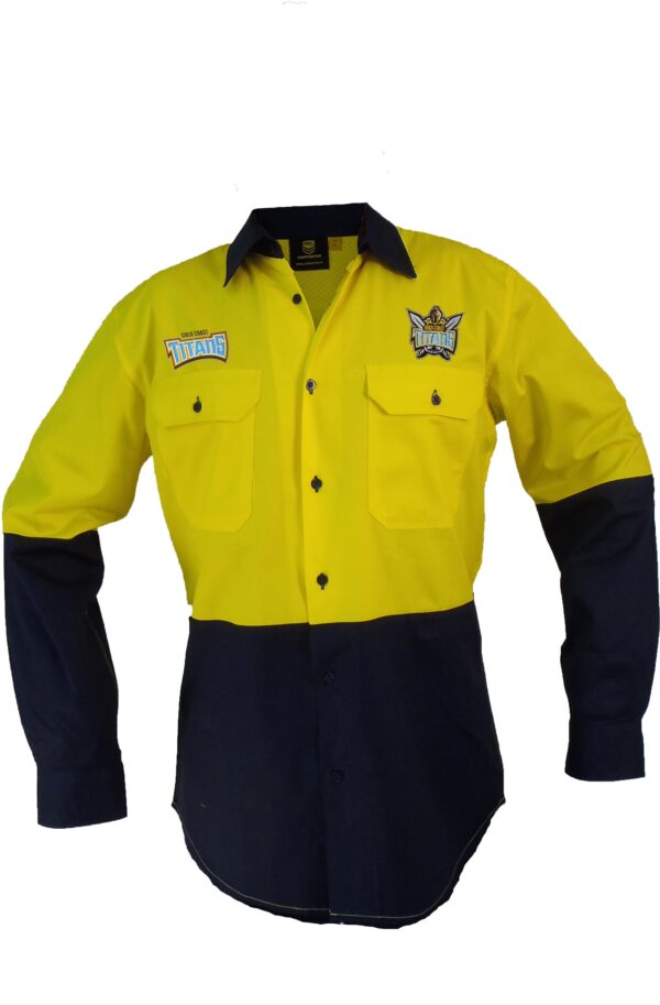 Gold Coast Titans NRL LONG Sleeve Button Work Shirt: HI VIS YELLOW/NAVY