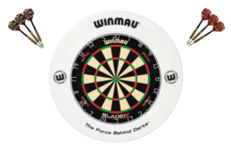 Winmau Blade 6 DUAL CORE Dart Board + White Printed Dartboard Surround + Darts