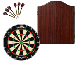 Winmau Blade 6 DUAL CORE Dart Board + Winmau Rosewood Cabinet + Darts Set