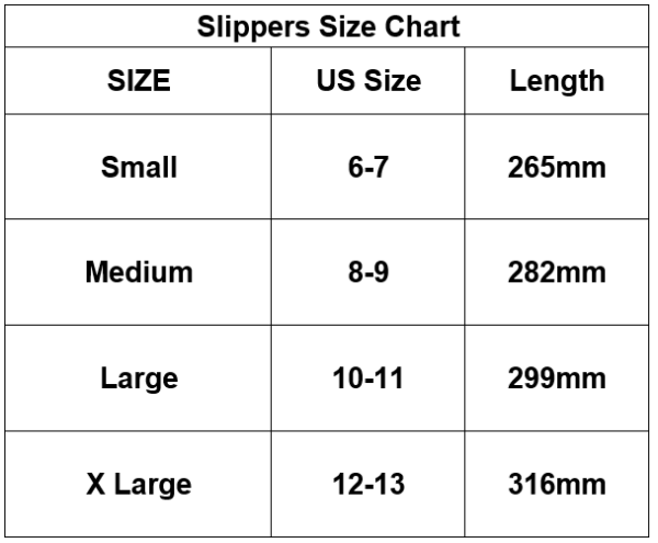 Size chart slippers