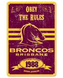 Brisbane Broncos NRL Retro Tin Wall Sign Obey The Rules
