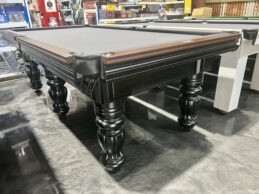 NPC Pool Table 8ft Royal DELUXE Black with Walnut Top Rail Black Chrome fittings Charcoal Strachan Felt